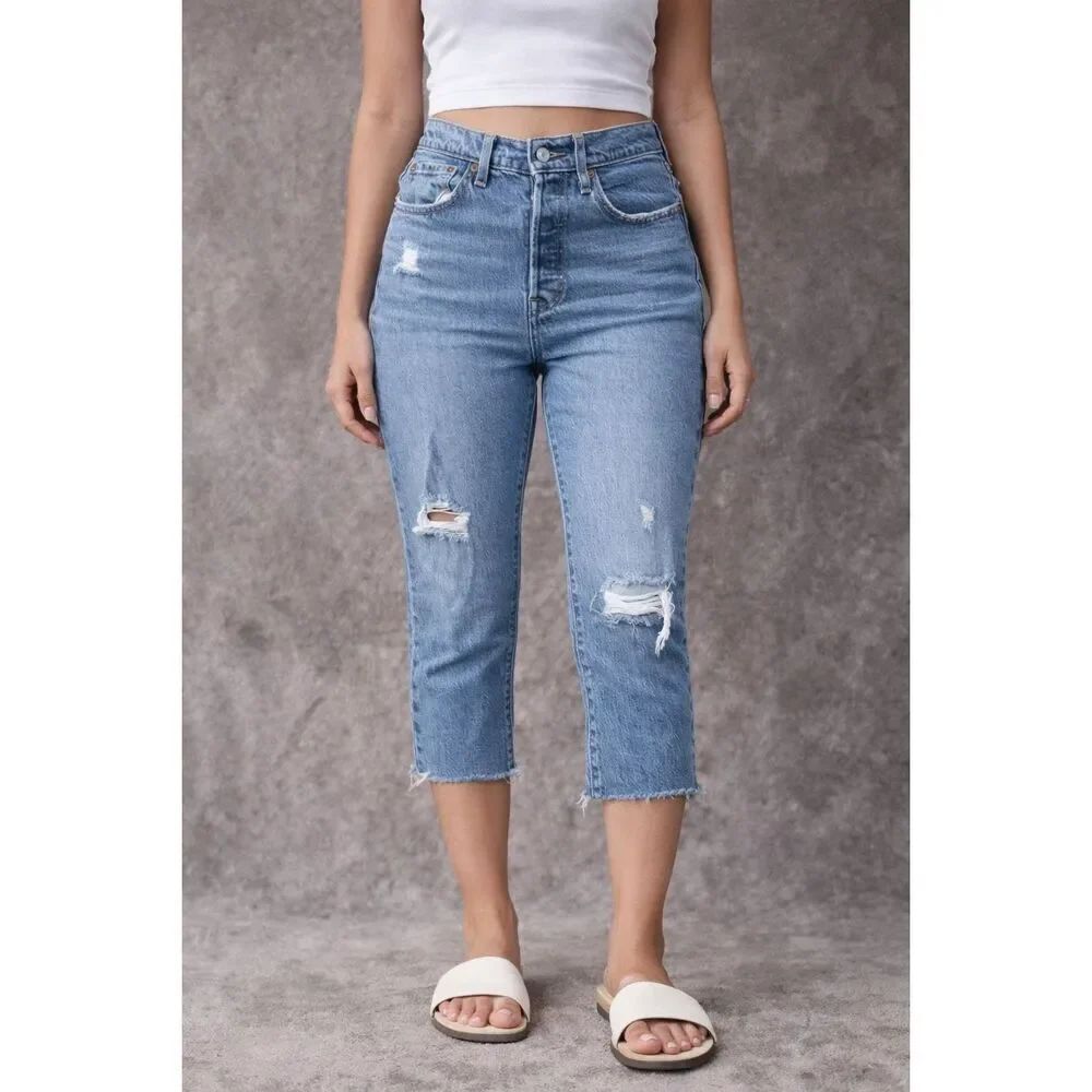 Levi’s 501 Distressed Medium Wash Button Fly Raw Hem Jeans Size 27 #774